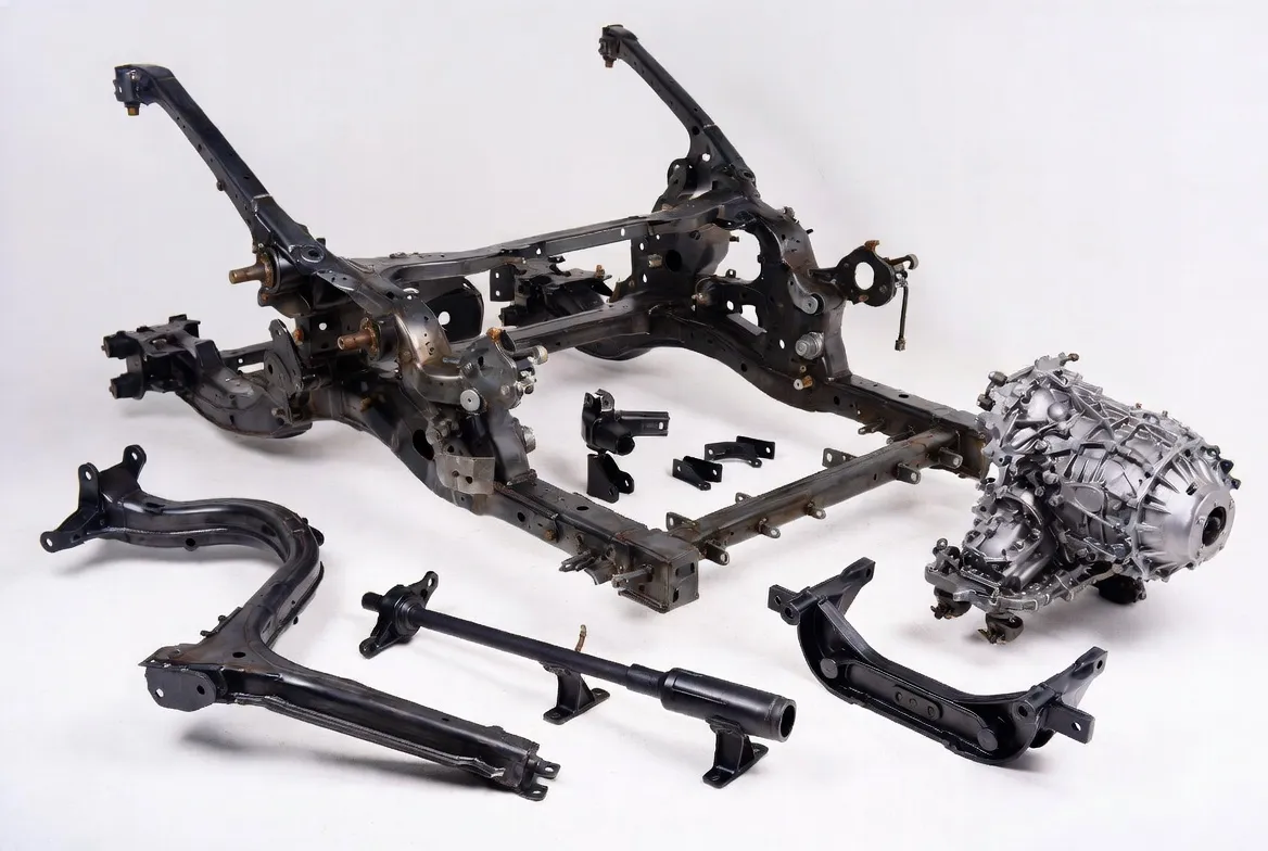 High-strength steel and alloy steel automotive structural parts including chassis frames, crash structures, drive shafts, brackets and transmission components in mild steel, 4130, 4340 and Advanced High-Strength Steel with dark metallic forged finish on clean white background